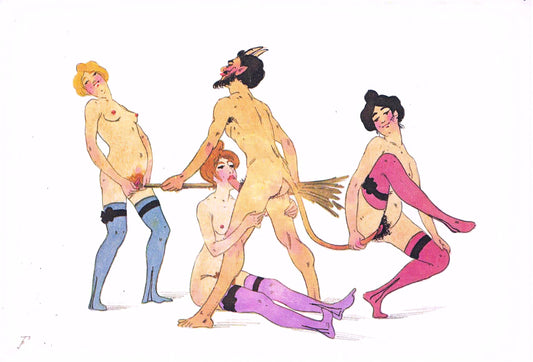 OCCULT FRENCH EROTIC WATERCOLOR "F" oversize postcard